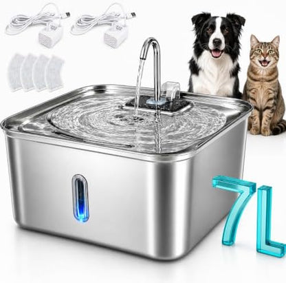 7L / 1.8 Gallon Dog Water Fountain, Suitable for Large Dogs and Multi‑Pet, 2 Silent USB Pumps and 4 Filters, 304 Stainless Steel Cat Water Fountain, Multi‑Stage Filtration, Visible Water Level Window by Unknown