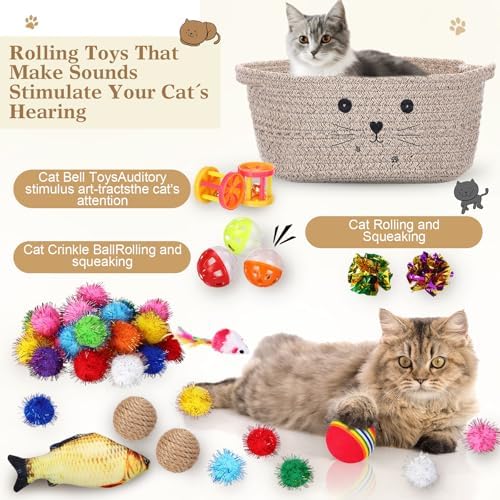 Zopeal 58 Pcs Cat Toy Set with Storage Basket Indoor, Dark Brown, 12 Inch - Image 3
