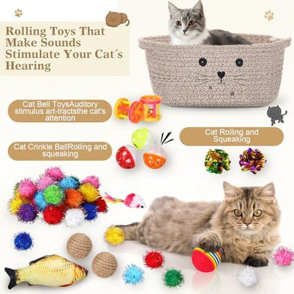 Zopeal 58 Pcs Cat Toy Set with Storage Basket Indoor, Dark Brown, 12 Inch - Image 3