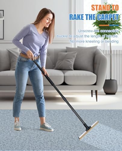 Carpet Rake for Pet Hair Removal, Reusable Dog Hair Remover with 47" Handle, Pet Hair Removal Tool with Innovative Metal Edge Design for Carpets, Rugs, Stairs, Pet Tower & Hard-to-Reach Places - Image 2
