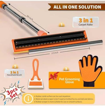 Carpet Rake for Pet Hair Removal - Reusable Dog & Cat Hair Remover with 58" Reinforced Steel Handle, 3-in-1 Professional Modular Rug Rake & Scraper Tool for Shag Rugs, Couch, Stairs (Orange) - Image 2