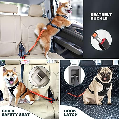 Dog Seat Belt 3-in-1 Car Harness for Dogs Adjustable Safety Seatbelt for Car Nylon Reflective Bungee Fabric Dog Car Harness with Clip Hook Latch & Buckle, Swivel Zinc Alloy Carabiner (Orange) - Image 6