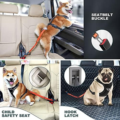 Dog Seat Belt 3-in-1 Car Harness for Dogs Adjustable Safety Seatbelt for Car Nylon Reflective Bungee Fabric Dog Car Harness with Clip Hook Latch & Buckle, Swivel Zinc Alloy Carabiner (Orange) - Image 6