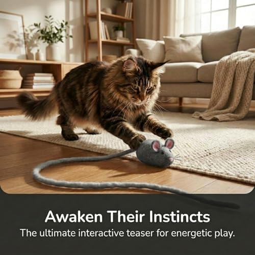 Glaciart One XXL Felt Mouse Cat Toy – 6” Body + 98” Tail – Large Cat Enrichment Toy – 100% Natural Wool with Catnip – Interactive Teaser for Big Cats – Safe Non-AZO Dyes - Image 6
