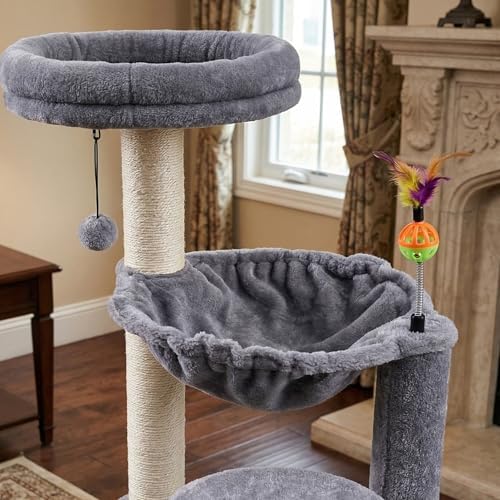 Multi-Level Cat Tree for Indoor Cats, Cat Tree Tower with Big Cat Hammock and Self-Grooming Brush, Cat Tower with Scratch Ladder, Indoor Climbing Activity Tower with Scratching Posts, Grey - Image 6
