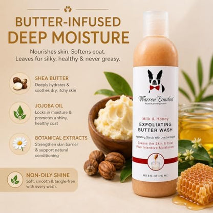 Warren London Exfoliating Butter Wash Dog Shampoo – Milk & Honey, 8 oz | Cleansing, Conditioning & Exfoliating Shampoo with Jojoba Beads for Dry Skin, Flakes, Soft Coat & Shine | Made in USA - Image 4