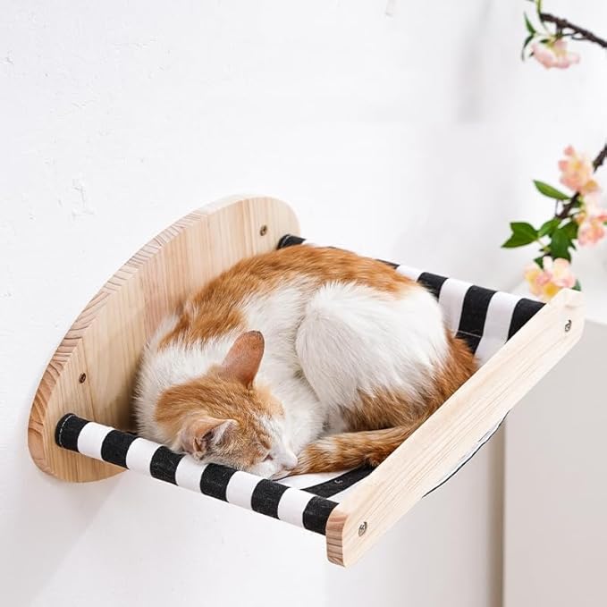 Cat Hammock Wall Mounted Large Cats Shelf - Solid Wood Cat Perches Climbing Shelf- Stripes Kitty Furniture for Sleeping, Playing, Climbing, and Lounging - Easily Holds up to 40 lbs (Stripes Hammock)