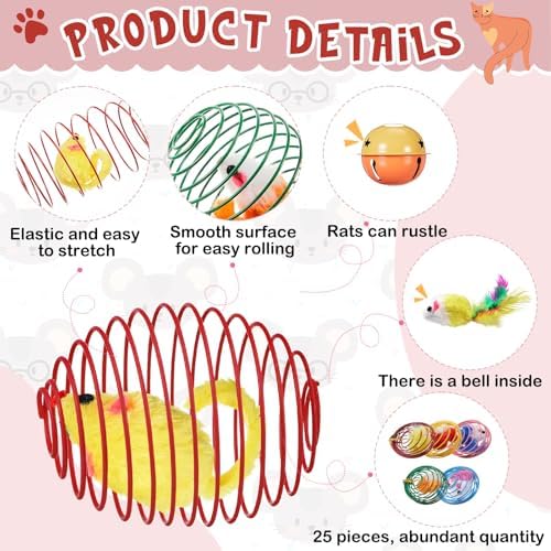 Jecery 25 Pcs Cat Toys Spring,Mouse and Bell,Colorful - Image 3