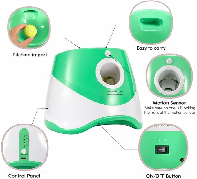Automatic Dog Ball Launcher with 6 Tennis Balls, Adjustable 10/20/30 FT Distance, Interactive Fetch Machine for Small to Medium Dogs, Green