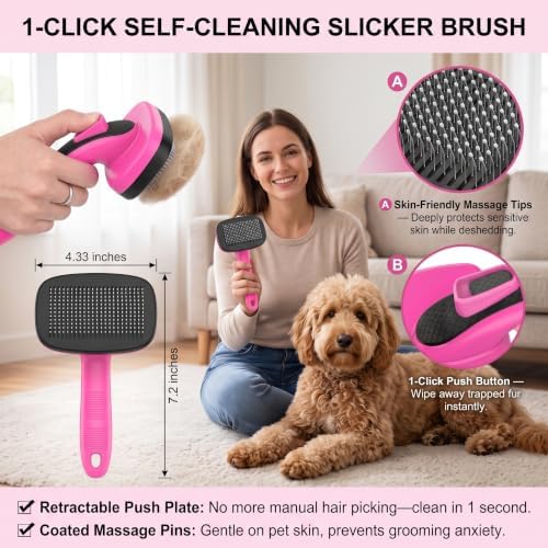 5 PCS Cat & Dog Grooming Kit Brush, Self-Cleaning Slicker Hair Brush, Nail Clipper, Undercoat Rake, Pet Bath Brush with Removable Screen,Pet Comb for Short & Long Haired Dogs Cats, Pink - Image 2