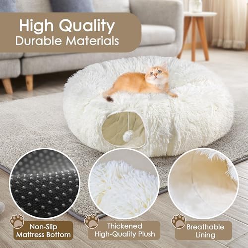 Peekaboo Cat Cave with Washable Mat, Collapsible Cat Play Tunnel for Kittens & Small Pets, Plush Cat Donut Bed Tunnel, Beige - Image 5