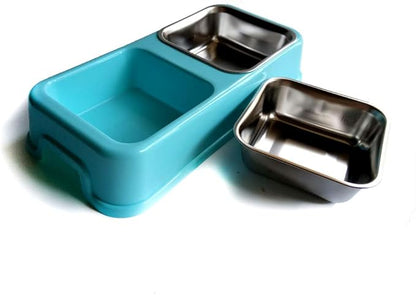 Pet Supplies Dog and Cat Rectangular Stainless Steel Food Double Bowl Drinking Bowl with Plastic Base(L-Rectangle-Blue)