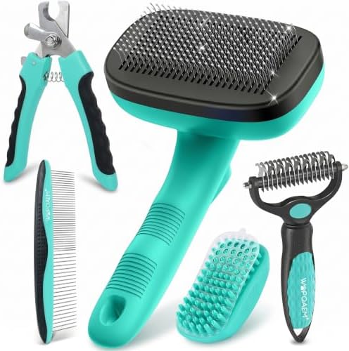 5 PCS Cat & Dog Grooming Kit Brush, Self-Cleaning Slicker Hair Brush, Nail Clipper, Undercoat Rake, Pet Bath Brush with Removable Screen,Pet Comb for Short & Long Haired Dogs Cats, Green by WOPQAEM%C2%AE