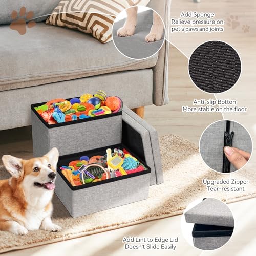 Zerbuger Dog Stairs with Storage, Grey 2 Steps Dog Ramp no Condo for Bed - Image 3