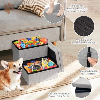 Zerbuger Dog Stairs with Storage, Grey 2 Steps Dog Ramp no Condo for Bed - Image 3