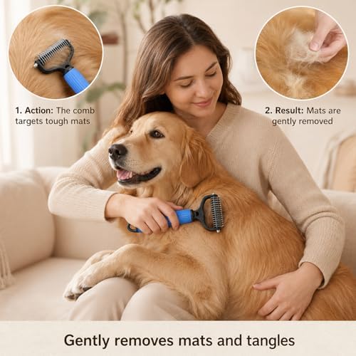 2 Pcs Pet Grooming Brush, Double Sided Undercoat Rake & Dematting Comb for Dogs and Cats, Detangling Tool for Matted Fur, Ideal for Medium or Long Haired Breeds (Blue+Pink, Large) - Image 2