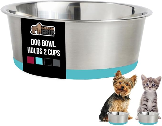GORILLA GRIP Dog Bowl, Holds 2 Cups (16 fl oz), Food Grade 304 Stainless Steel Food and Water Bowl for Feeding Dogs and Cats, BPA Free Rubber Base, Easy Clean, Dishwasher Safe Rust Resistant Turquoise