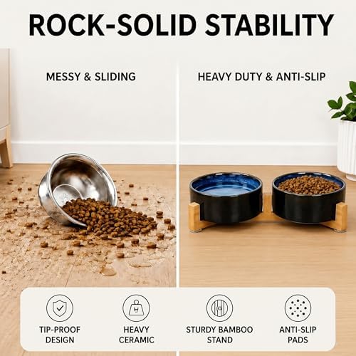 SPUNKYJUNKY Ceramic Dog and Cat Bowl Set with Wooden Stand, Modern Cute Weighted Food Water Set for Small Size Dogs (13.5OZ) & Medium Sized Dogs (28.7OZ) & Cats (1.7 Cups, 2 × Starry Blue) - Image 3