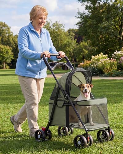 GTPLAYER Foldable Pet Stroller for Small Dogs and Cats, Hold Up to 33 lb, 4-Wheel Stroller with 2 Safety Tethers, Breathable Mesh, Lockable Front Wheels, Cup Holder/Tray & Storage Pocket, Forest Green - Image 5