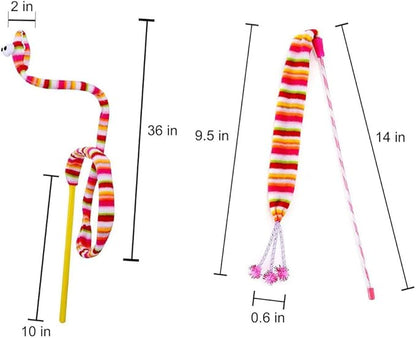 KABASI Cat Wand Rainbow Toy, 3 Styles Funny Interactive Cat Toys, Cuddly Stuffed Snake Toy on Stick with Bell, Colorful Sounding Toys, Rainbow Ribbon Wand for Kittens Training