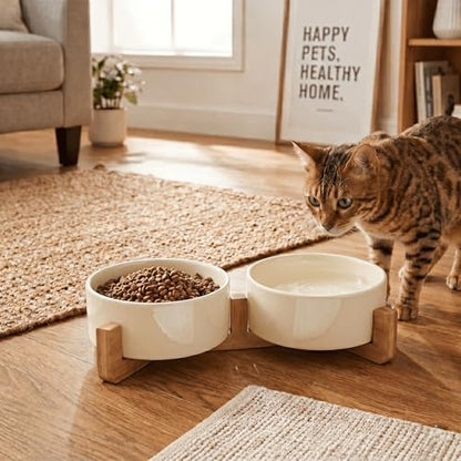 SPUNKYJUNKY Ceramic Dog and Cat Bowl Set with Wooden Stand, Modern Cute Weighted Food Water Set for Small Size Dogs (13.5OZ) & Medium Sized Dogs (28.7OZ) & Cats (1.7 Cups, 2 × Beige) - Image 7