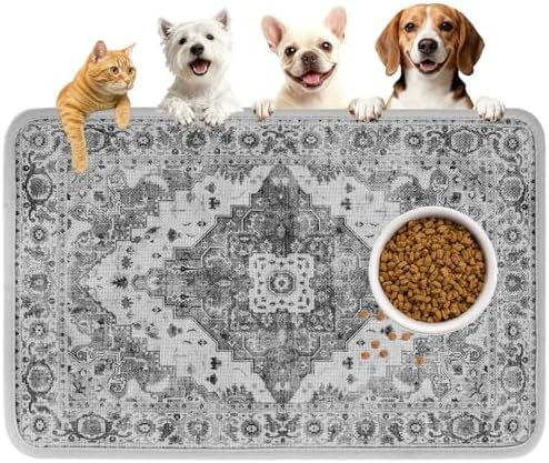 PUPTECK Dog Food Mat, Absorbent Pet Feeding Bowl Mat, Non-Slip Dog Mat for Food and Water, Quick Dry No Stains Cat Placemats Pet Supplies for Messy Drinkers, Grey 16"x24" by PUPTECK