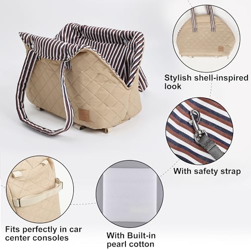 Small Dogs Under 12 lbs Adjustable Portable Center Console Car Seat, Built-in Bubble wrap, Fits Most Cars & SUVs with Convenient Handbag Functionality, Stylish Travel Pet Bag (Beige) - Image 4