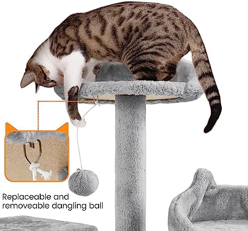 Yaheetech XL Cat Tree, 72in Multi-Level Cat Tower with 2 Cozy Caves, 3 Soft Perches, Scratching Posts, Board, and Dangling Ball, Pet Furniture Play House for Kittens/Cats, Light Gray - Image 6