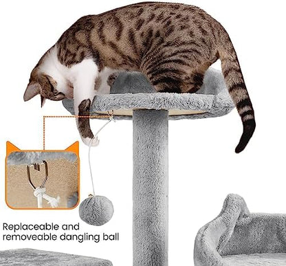 Yaheetech XL Cat Tree, 72in Multi-Level Cat Tower with 2 Cozy Caves, 3 Soft Perches, Scratching Posts, Board, and Dangling Ball, Pet Furniture Play House for Kittens/Cats, Light Gray - Image 6