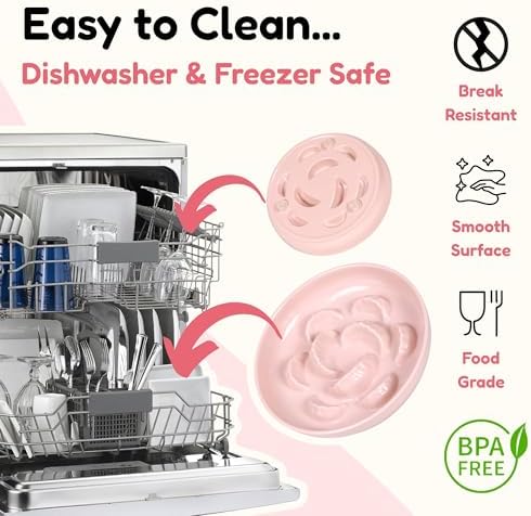 2 Pcs Cat Slow Feeder Bowl for Dry & Wet Food - Unbreakable Melamine Cat Food Plates for Slow Eating - Cute Kitten Bowl - Whisker Friendly & Dishwasher Safe & Non Slip Design (Blue + Pink) - Image 6