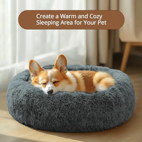 JOLLYVOGUE Calming Dog Bed Medium Size Dog, Anti-Anxiety Donut Medium Pet Bed, 27 inches Fluffy Faux Fur Round Cat Bed (Navy Grey) - Image 4