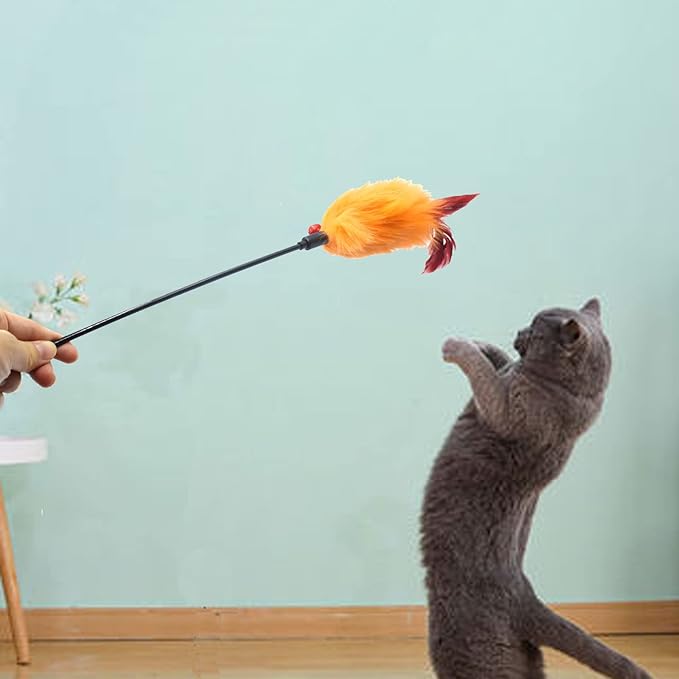 Cat Wands, 2 PCS Cat Feather Wands with Bell Cat Teaser Wand with Soft Furry Tai Interactive Cat Toys for Cat and Kitten