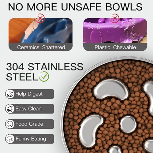 Feedoo Slow Feeder Dog Bowl-2Cups for Medium Breeds, Double Wall Food-Grade Stainless Steel, Heavy Duty with Non-Slip Rubber Base, Puzzle Maze Bowl to Slow Down Eating - Image 4