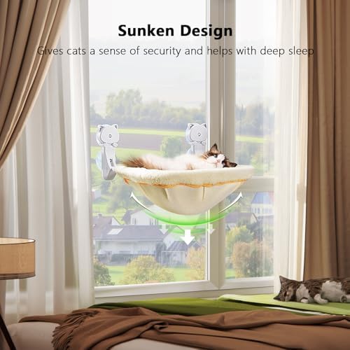 JUNSPOW Cat Window Perch Cordless, Foldable & Stable Cat Beds- Breathable Cat Window Hammock for Overlooking, Sunbathing and Climbing - Maximum Hold Up to 40lb(Cream) - Image 2