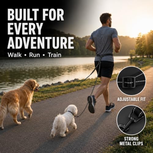 Tallew Double Dog Leash No Tangle 360° Swivel Dual Dog Walking Leash, 3-in-1 Adjustable Waist Belt with Shock Absorbing Reflective Bungee for Training, Running and Walking(18-120 Lbs, Black) - Image 3