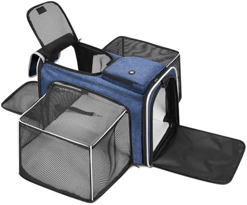 Pet Carrier, Large Soft Sided Expandable Travel Carrier with Steel Frame, Anti-Scratch Mesh, Removable Fleece Pad and Pockets for Cats, Dogs and Small Animals up to 15 lbs (Blue, 4 Sides Expandable) by Handor