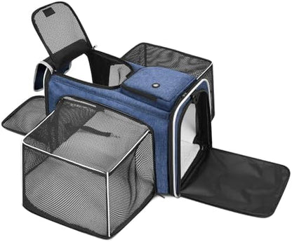 Pet Carrier, Large Soft Sided Expandable Travel Carrier with Steel Frame, Anti-Scratch Mesh, Removable Fleece Pad and Pockets for Cats, Dogs and Small Animals up to 15 lbs (Blue, 4 Sides Expandable) by Handor