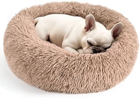 28in Large Dog Bed, Calming Donut Bed for Puppy and Kitten (Camel) by Hoewina
