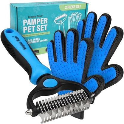 Maxpower Planet Pet Grooming Brush and 2X Grooming Gloves Combo - Double Sided Dematting, Deshedding Undercoat Rake for Dogs and Cats - Reduce Shedding Easily - Blue by MaxpowerPlanet
