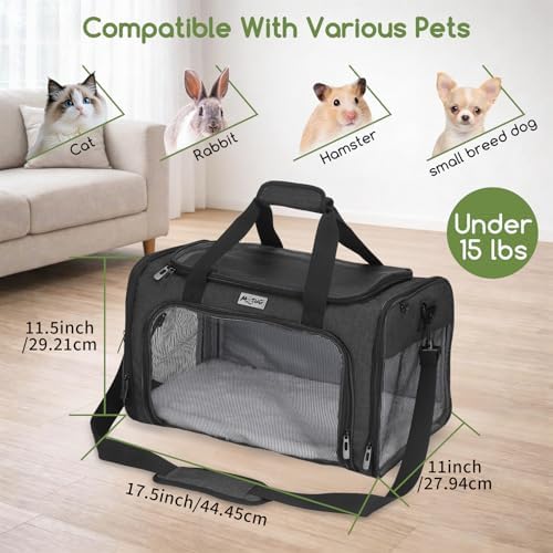 Pet Carrier for Cats & Small Dogs, Travel Carrier with Anti-Collapse Support, Chew Resistant Buckles, Luggage Sleeve, Multi-Pocket Storage, Reversible Mat & Bowl (Black, Medium (17.5"x11"x11.5")) - Image 3