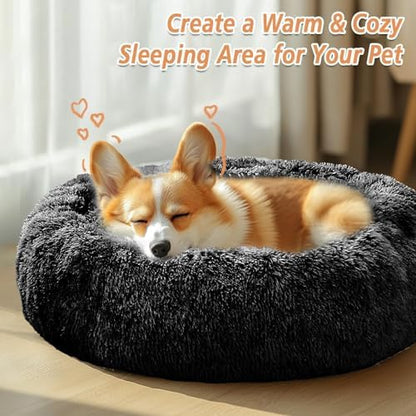 JOLLYVOGUE Calming Dog Bed Medium Size Dog, 31in Donut Washable Medium Pet Bed, Anti-Slip & Anti-Anxiety Fluffy Faux Fur Round Dogs Bed, Fits up to 45 lbs Pets (Black) - Image 4