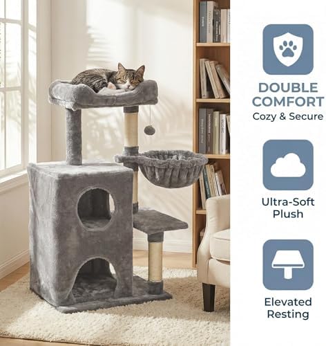 Fansafurn Cat Tree Tower for Indoor Cats, 36-inch Adult Cat Tree House for Large Adult Cats with Steps, Scratching Post, 2 Cat Condo, Dangling Toys, Light Grey - Image 6