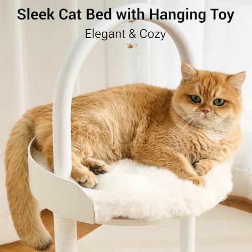 34" Modern Cat Tree Furniture for Indoor Small & Medium Cats, Minimalist Cat Tower with Scratching Posts, Wood Platforms, Capsule Perch, Stable Steel Frame & Washable Cushion, Soft White - Image 4