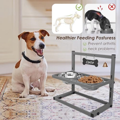 SHAINFUN Elevated Dog Bowls - Raised Stand with 2 Stainless Steel Bowls, Adjustable Height Feeder for Small and Medium Dogs, Puppies, Cats - Grey - Image 2