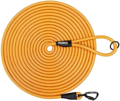 Long Dog Leash, 10ft 30ft 50 feet Heavy Duty Dog Training Leash, Aviation Aluminum Auto Locking Carabiner, Nylon Rope Long Line Check Cord Recall Lead for Yard,Playing,Camping,Yellow,30FT by MORXIL