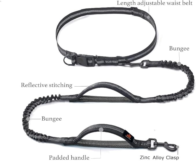 Hands Free Dog Leash with Waist Zipper Pouch, Dual Padded Handles and Dual Bungee Shockabsorbing Leash with Safety Reflective Strip for Walking, Jogging and Running Your Dog (Orange)