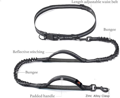 Hands Free Dog Leash with Waist Zipper Pouch, Dual Padded Handles and Dual Bungee Shockabsorbing Leash with Safety Reflective Strip for Walking, Jogging and Running Your Dog