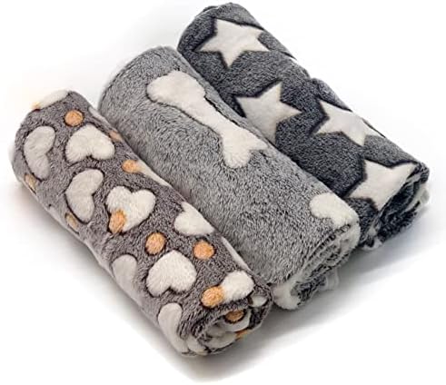 1 Pack 3 Puppy Blankets Super Soft Warm Sleep Mat Grey Cute Print Fluffy Fleece Pet Flannel Throw Dog Blankets for Small Dogs Cats,Star&Bone&Love-Medium(29"x20") by SORKUT