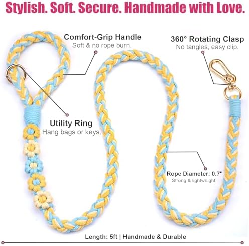 5FT Braided Cotton Rope Leash for Small, Medium and Large Dogs, Blue & Yellow Twist - Image 6