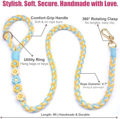 5FT Braided Cotton Rope Leash for Small, Medium and Large Dogs, Blue & Yellow Twist - Image 6